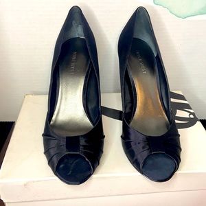 Black Satin Peep Toe Pumps